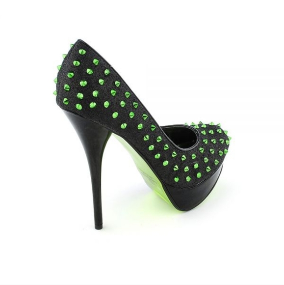 Sheike Shoes - SHIEKH | BLACK GLITTER WITH GREEN SPIKED DETAIL STILETTOS | 6